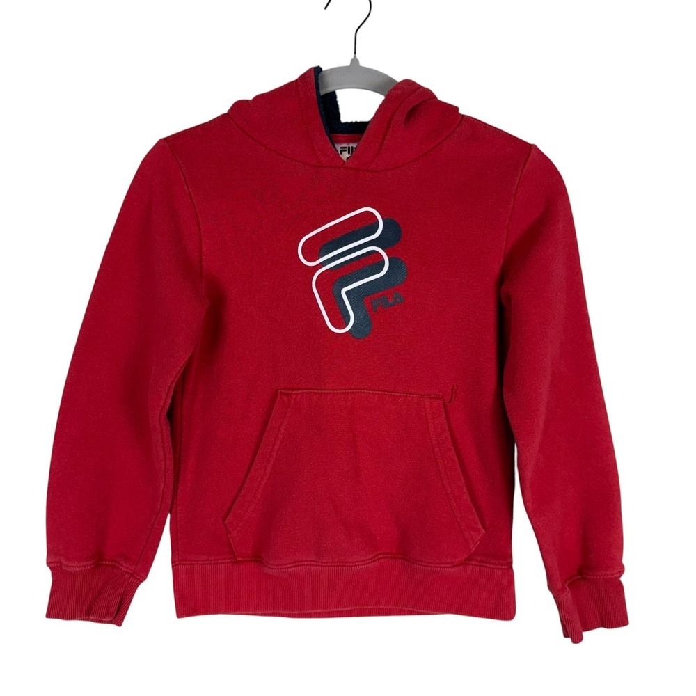 FILA Hoodie Sweatshirt Kids 8 Red Pullover Fleece Big Logo Kangaroo Pocket